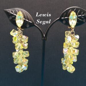 Lewis Segal Yellow Drop Clip Earrings, Aurora Borealis, 1960s Vintage Jewelry
